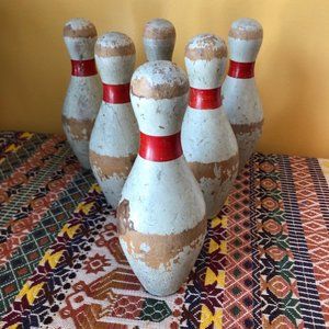 Set of Six Vintage Wooden Bowling Pins Decor Old